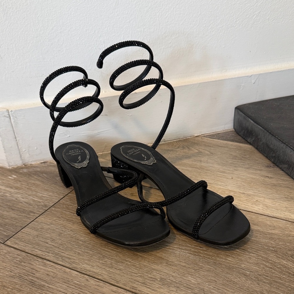 Rene Caovilla Black Crystal Spiral Strap Heeled Sandals